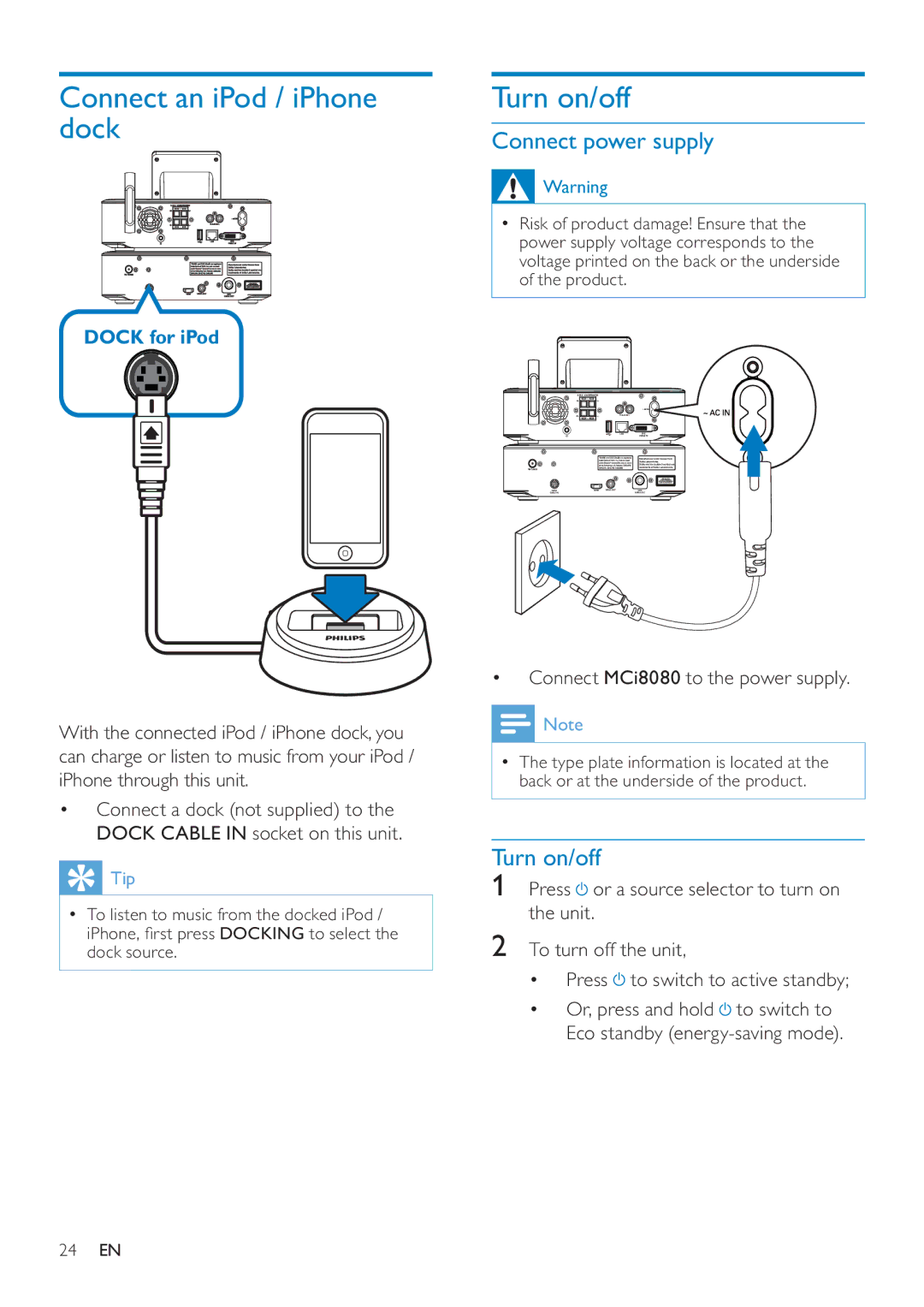 Philips MCI8080/12 Connect an iPod / iPhone dock, Turn on/off, Connect power supply, Connect MCi8080 to the power supply 