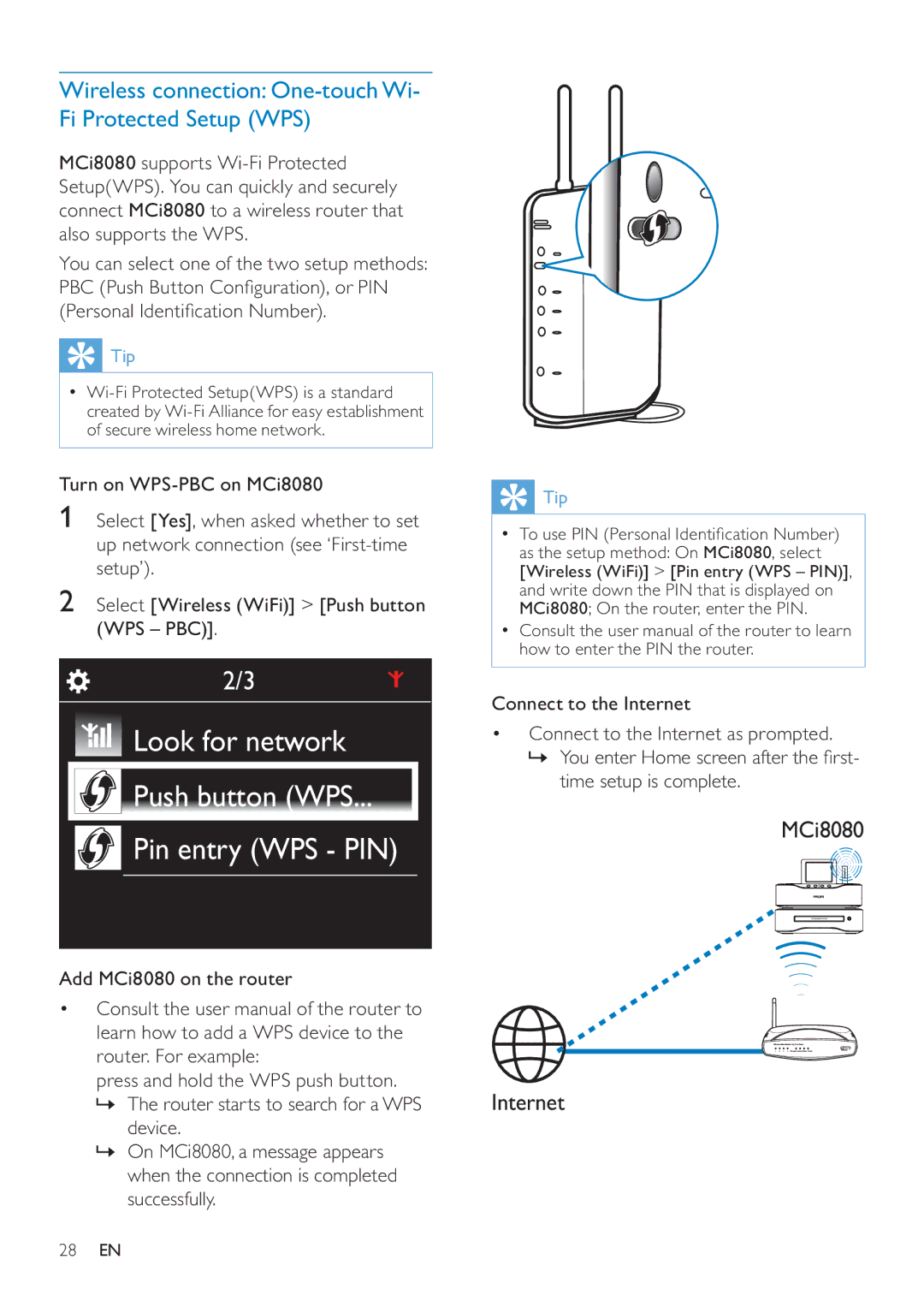 Philips MCI8080/12 user manual Look for network Push button WPS Pin entry WPS PIN 