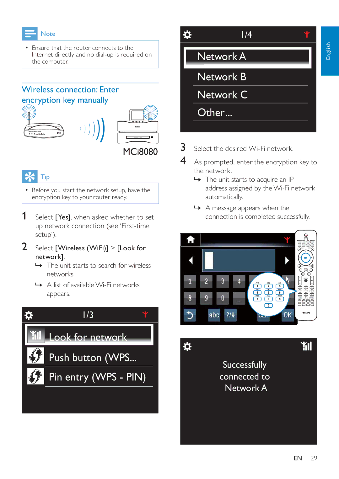 Philips MCI8080/12 user manual Push button WPS Pin entry WPS PIN 