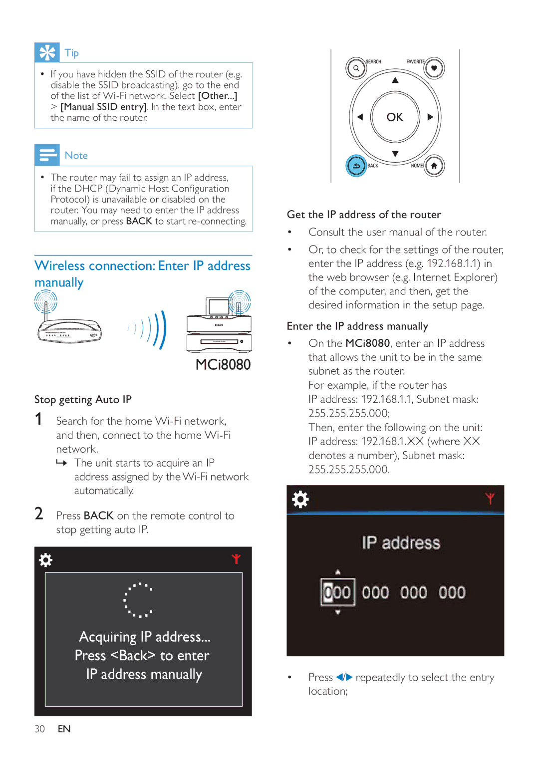 Philips MCI8080/12 user manual Wireless connection Enter IP address manually, 255.255.255.000 