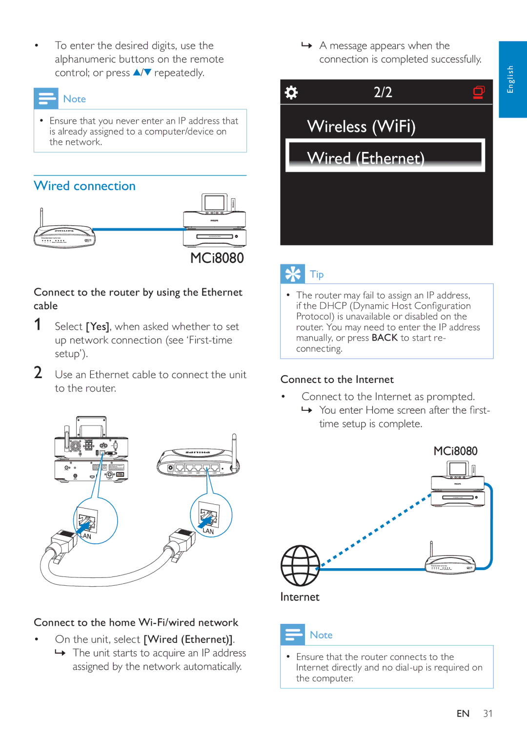 Philips MCI8080/12 user manual Wireless WiFi Wired Ethernet, Wired connection 