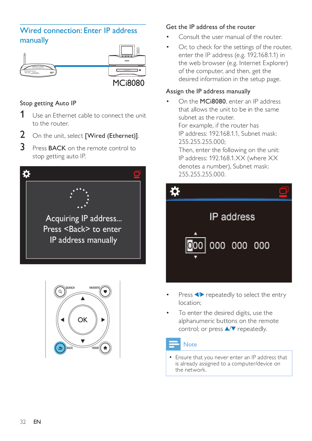 Philips MCI8080/12 user manual Wired connection Enter IP address manually 