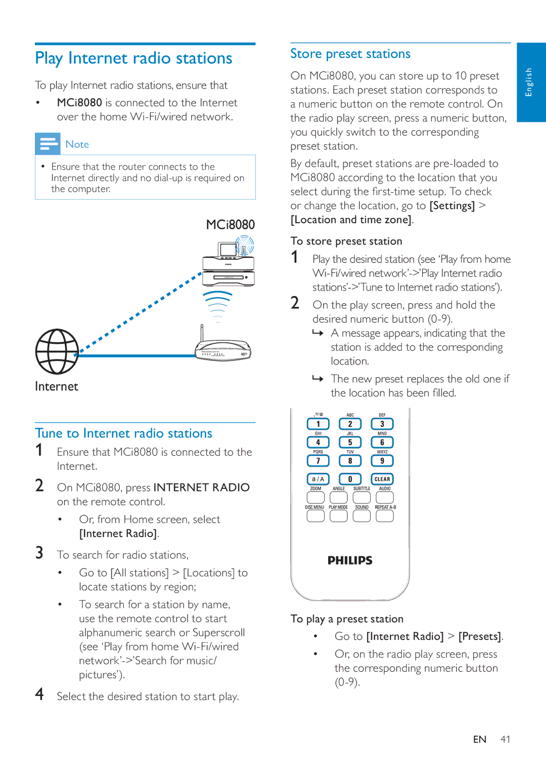 Philips MCI8080/12 user manual Play Internet radio stations, Tune to Internet radio stations, Store preset stations 
