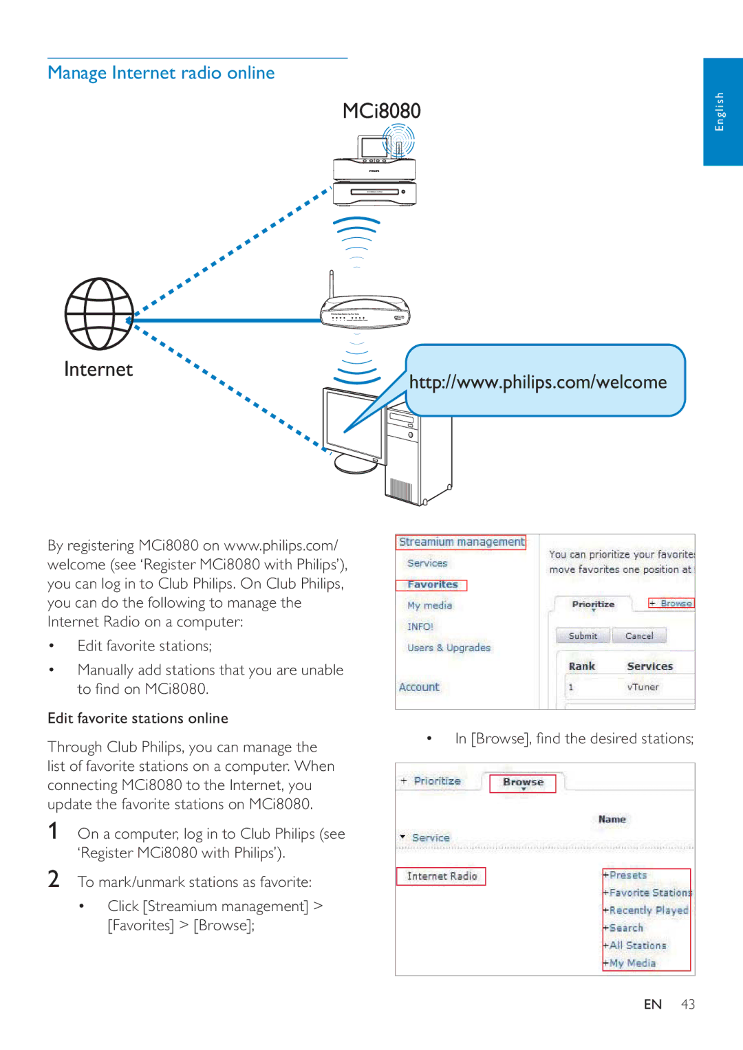 Philips MCI8080/12 user manual Manage Internet radio online, Browse, ﬁnd the desired stations 