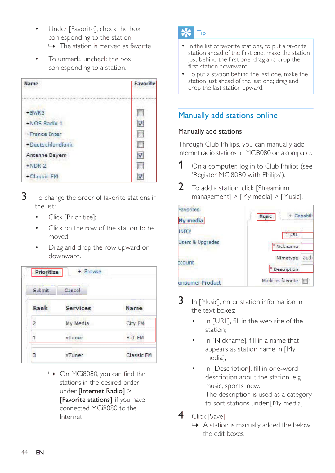 Philips MCI8080/12 user manual Manually add stations online 