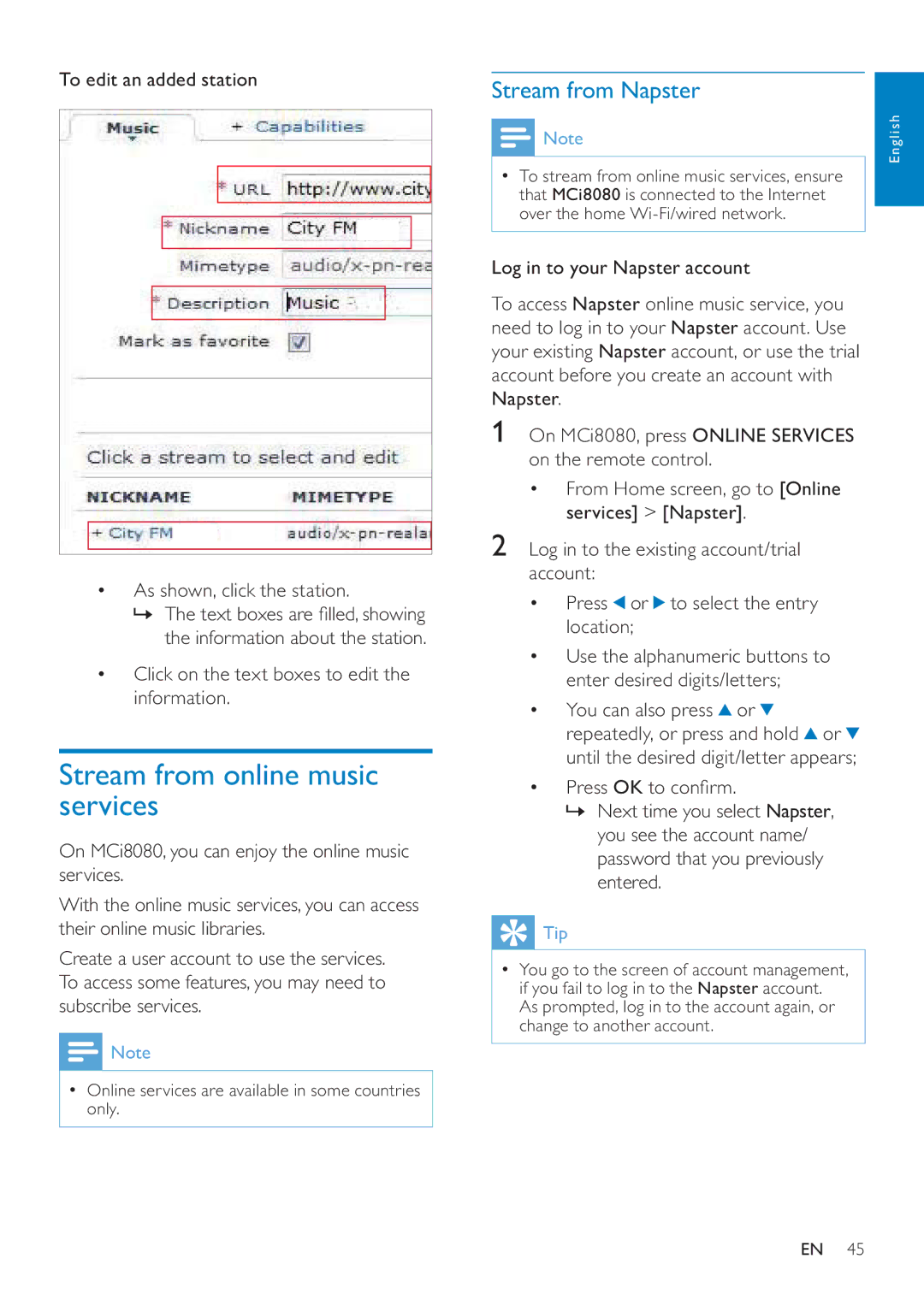 Philips MCI8080/12 Stream from online music services, Stream from Napster, Click on the text boxes to edit the information 