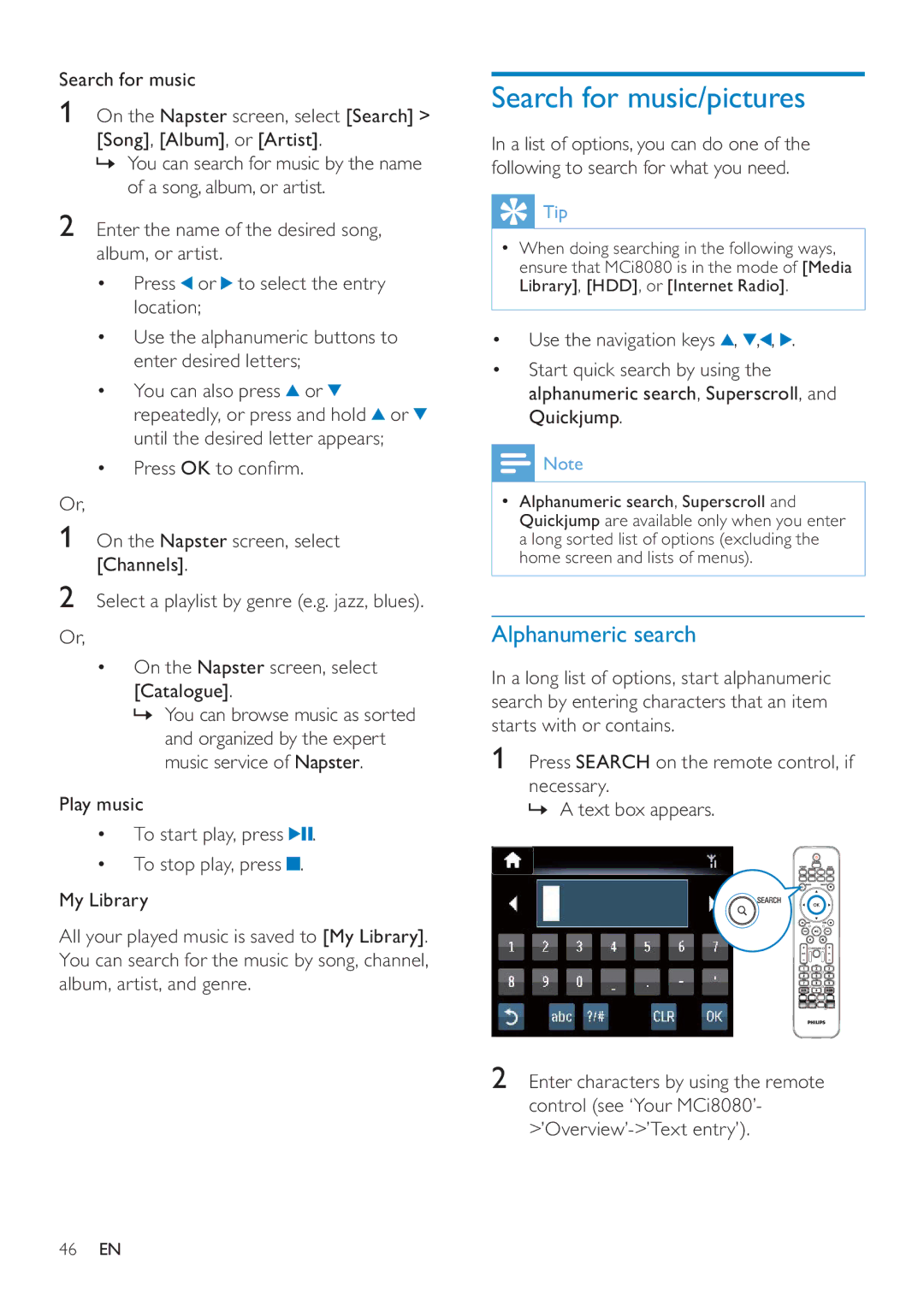 Philips MCI8080/12 user manual Search for music/pictures, Alphanumeric search 