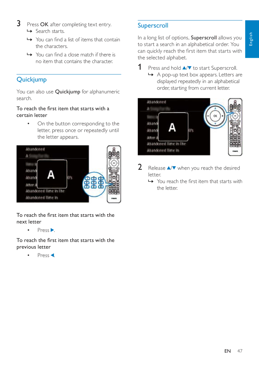 Philips MCI8080/12 user manual Quickjump, Selected alphabet Press and hold / to start Superscroll 