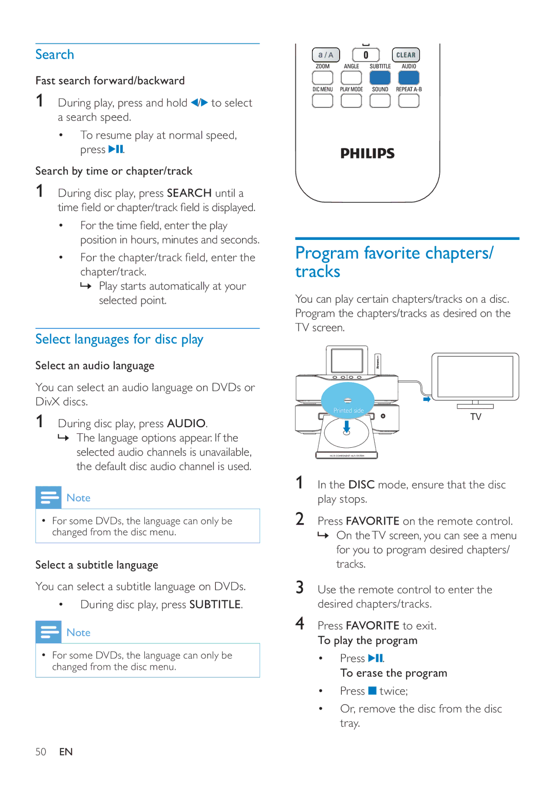 Philips MCI8080/12 user manual Program favorite chapters/ tracks, Search, Select languages for disc play 