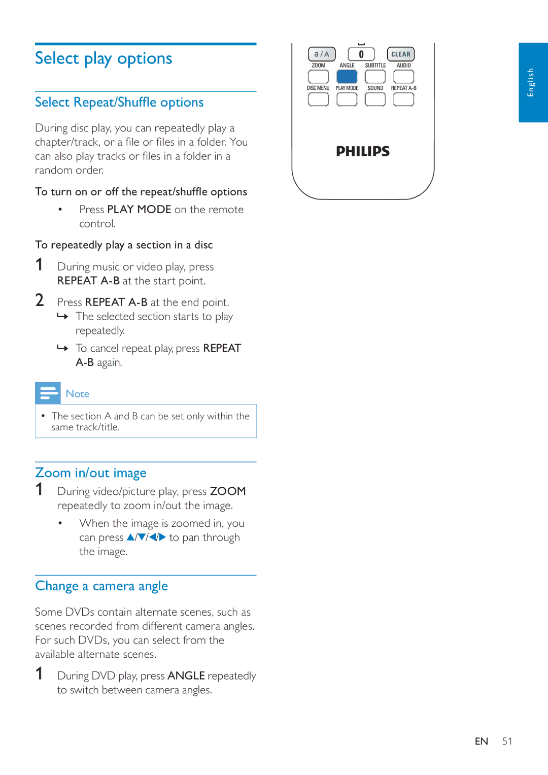 Philips MCI8080/12 user manual Select play options, Select Repeat/Shufﬂe options, Zoom in/out image, Change a camera angle 