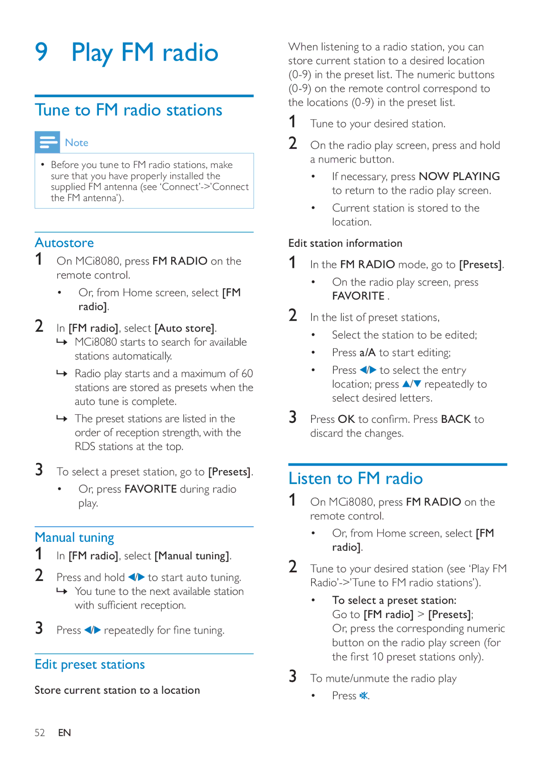 Philips MCI8080/12 user manual Play FM radio, Tune to FM radio stations, Listen to FM radio 