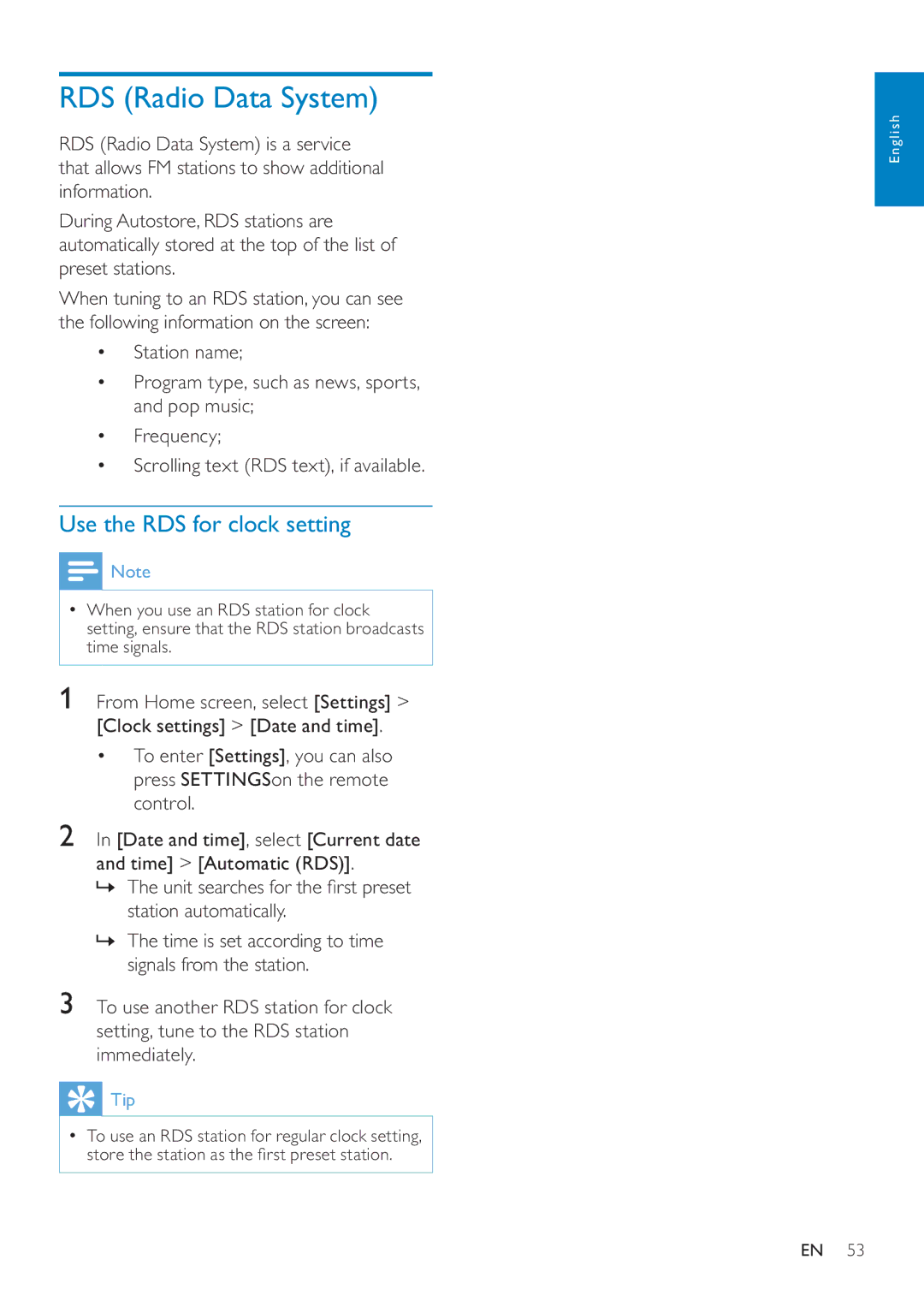 Philips MCI8080/12 user manual RDS Radio Data System, Use the RDS for clock setting 