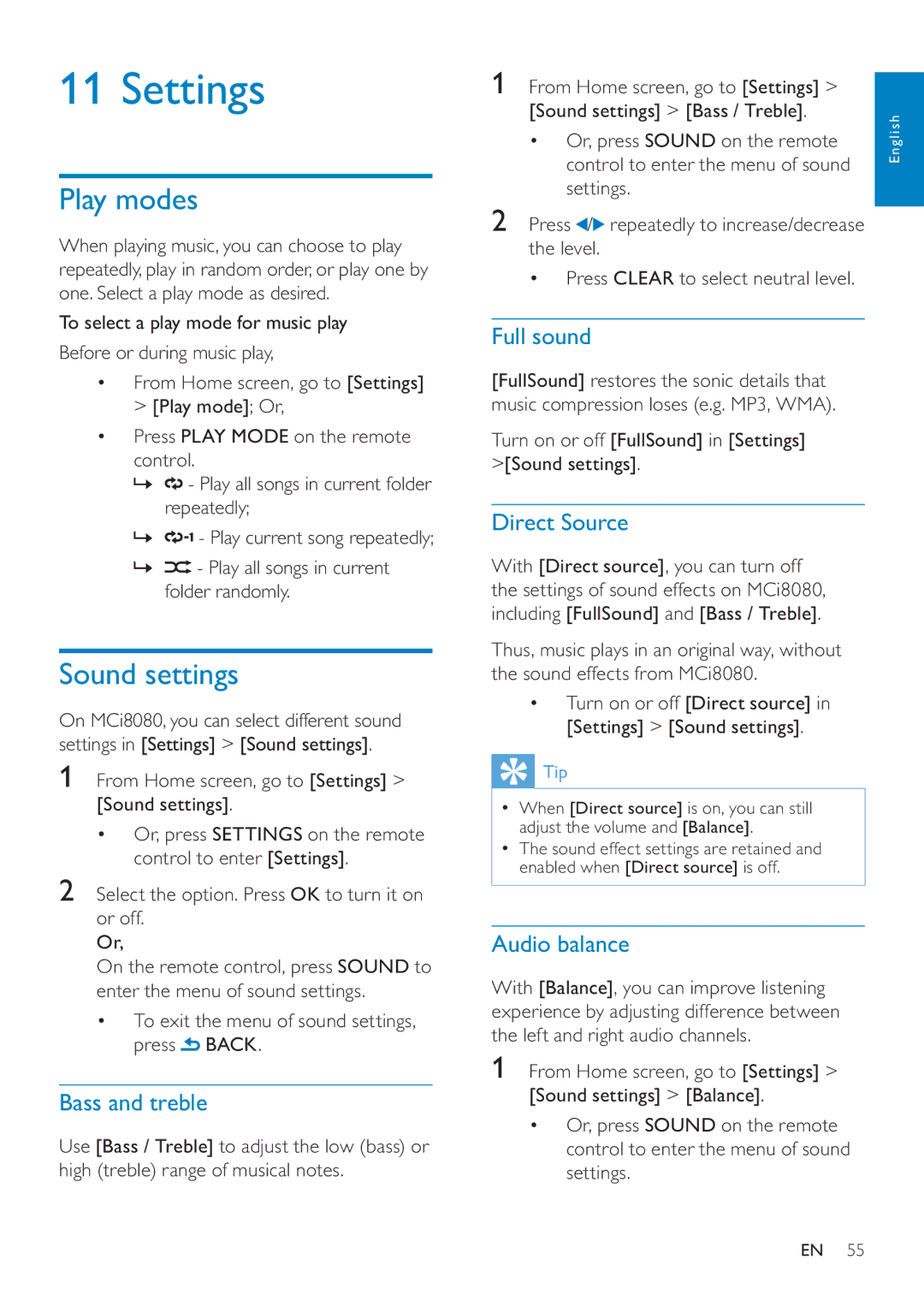 Philips MCI8080/12 user manual Settings, Play modes, Sound settings 