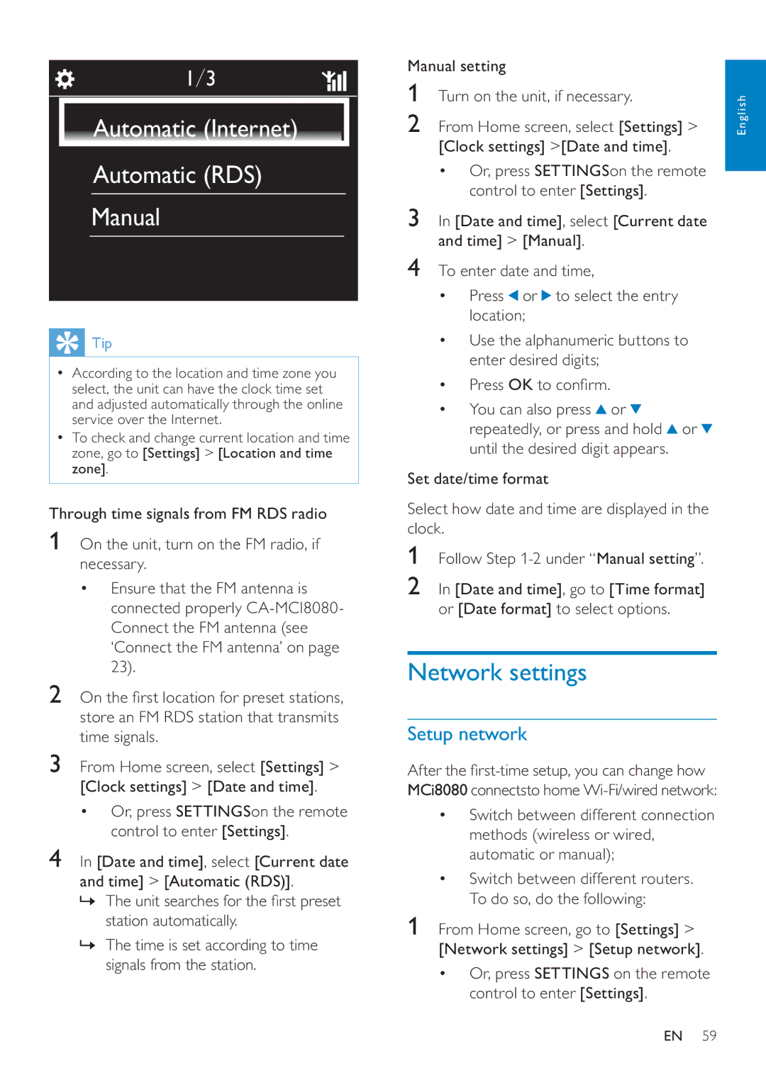 Philips MCI8080/12 Network settings, Setup network, From Home screen, select Settings, Until the desired digit appears 