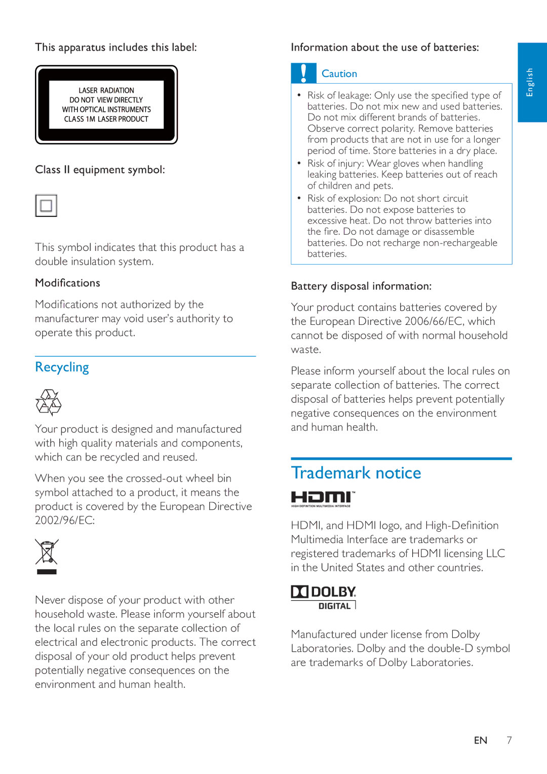 Philips MCI8080/12 user manual Trademark notice, Recycling 