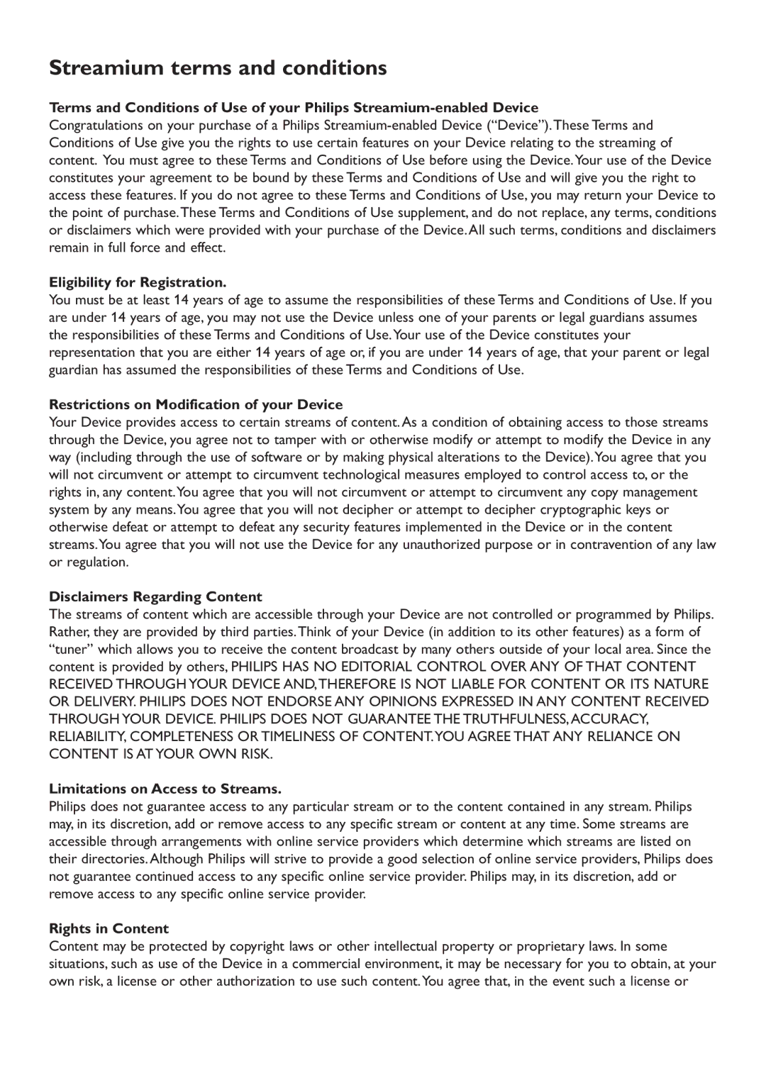 Philips MCI8080/12 user manual Streamium terms and conditions 