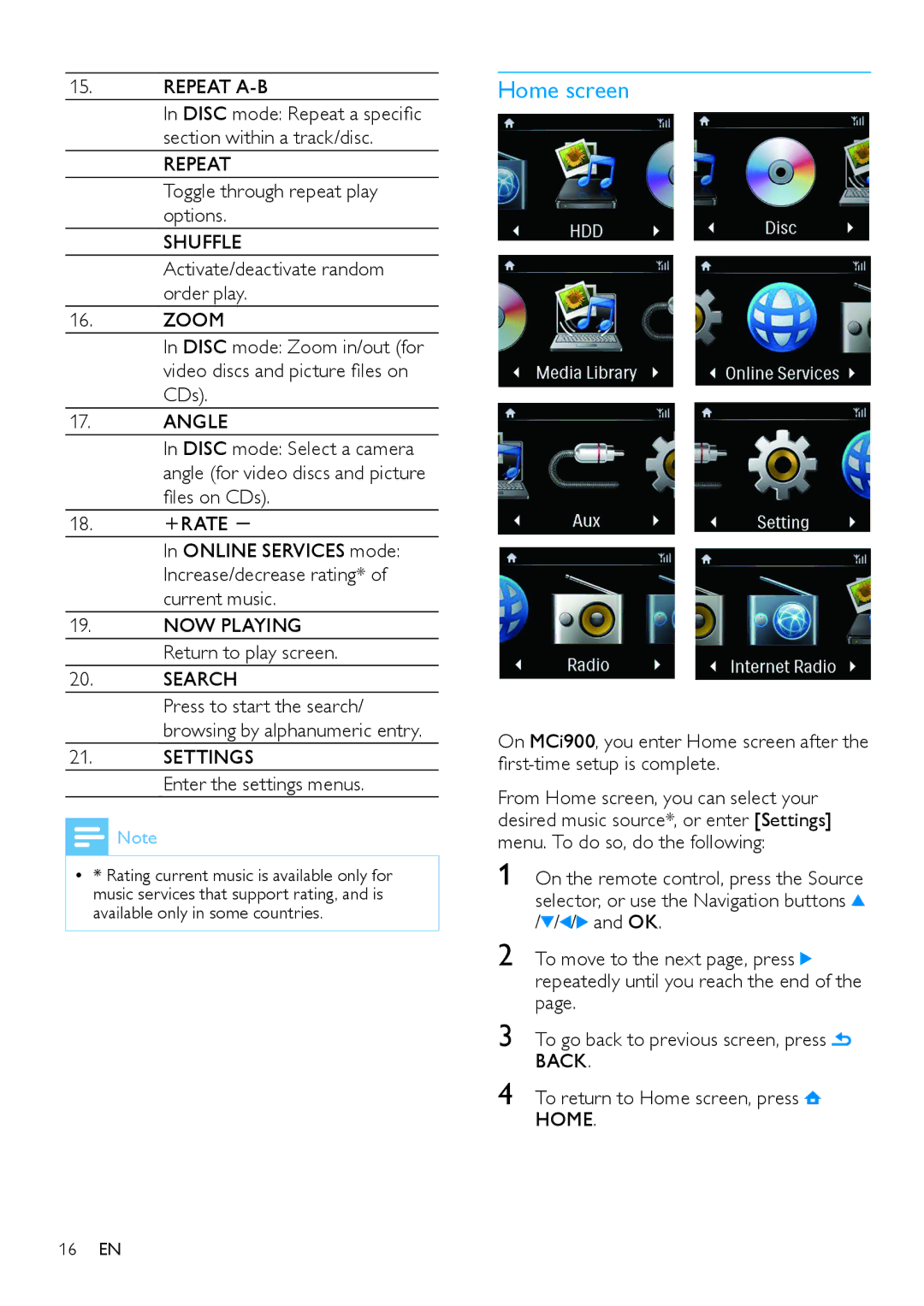 Philips MCi900/12 user manual Home screen, Toggle through repeat play options, Activate/deactivate random order play Zoom 