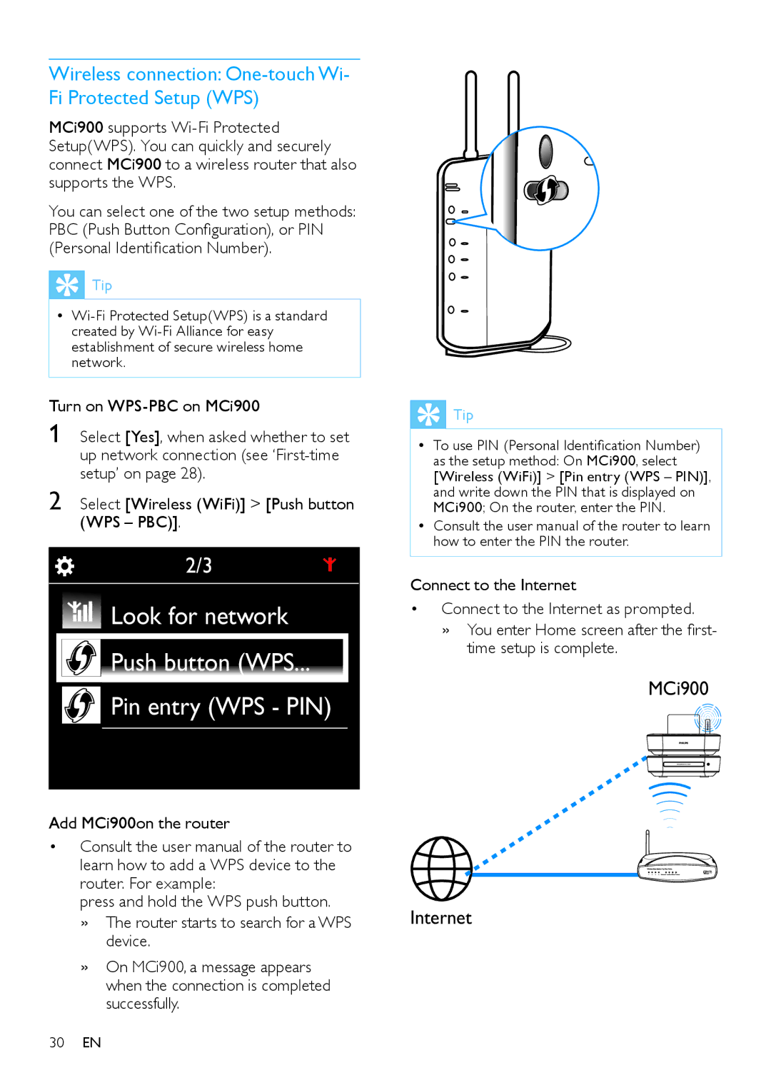 Philips Wireless connection One-touch Wi- Fi Protected Setup WPS, Add MCi900on the router, Connect to the Internet 