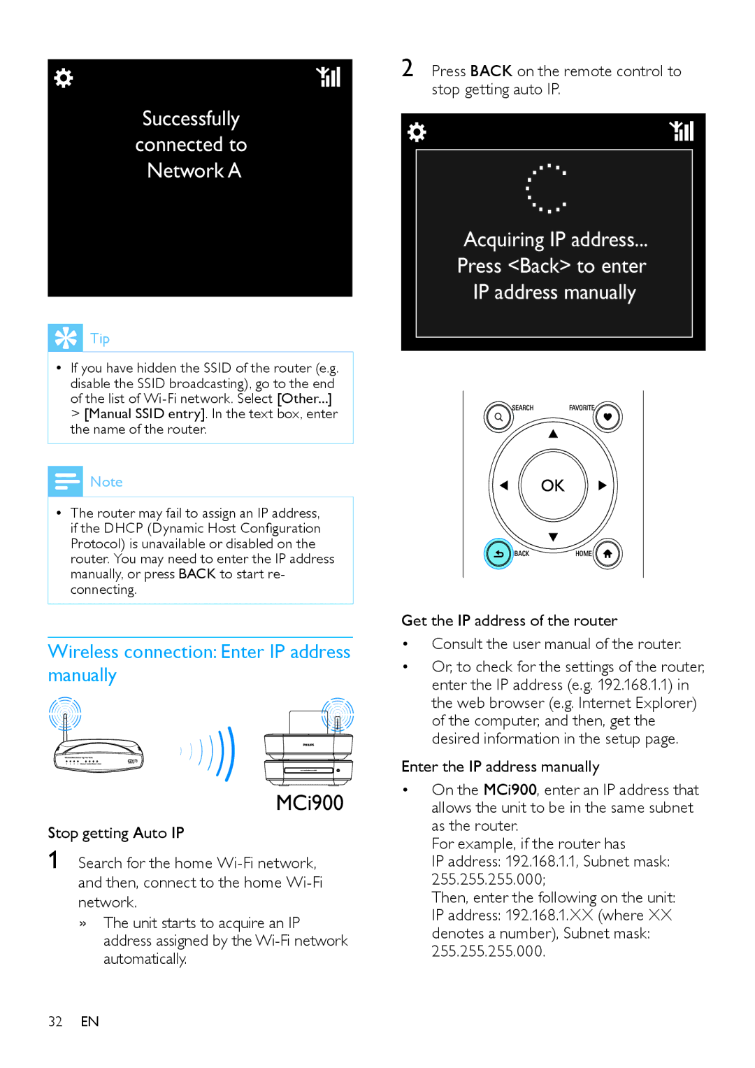 Philips HK-1008-MCi900 2010, MCi900/12 user manual Wireless connection Enter IP address manually, Stop getting Auto IP 