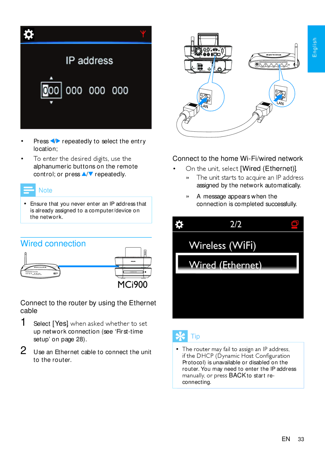 Philips MCi900 Wired connection, Press / repeatedly to select the entry location, Assigned by the network automatically 