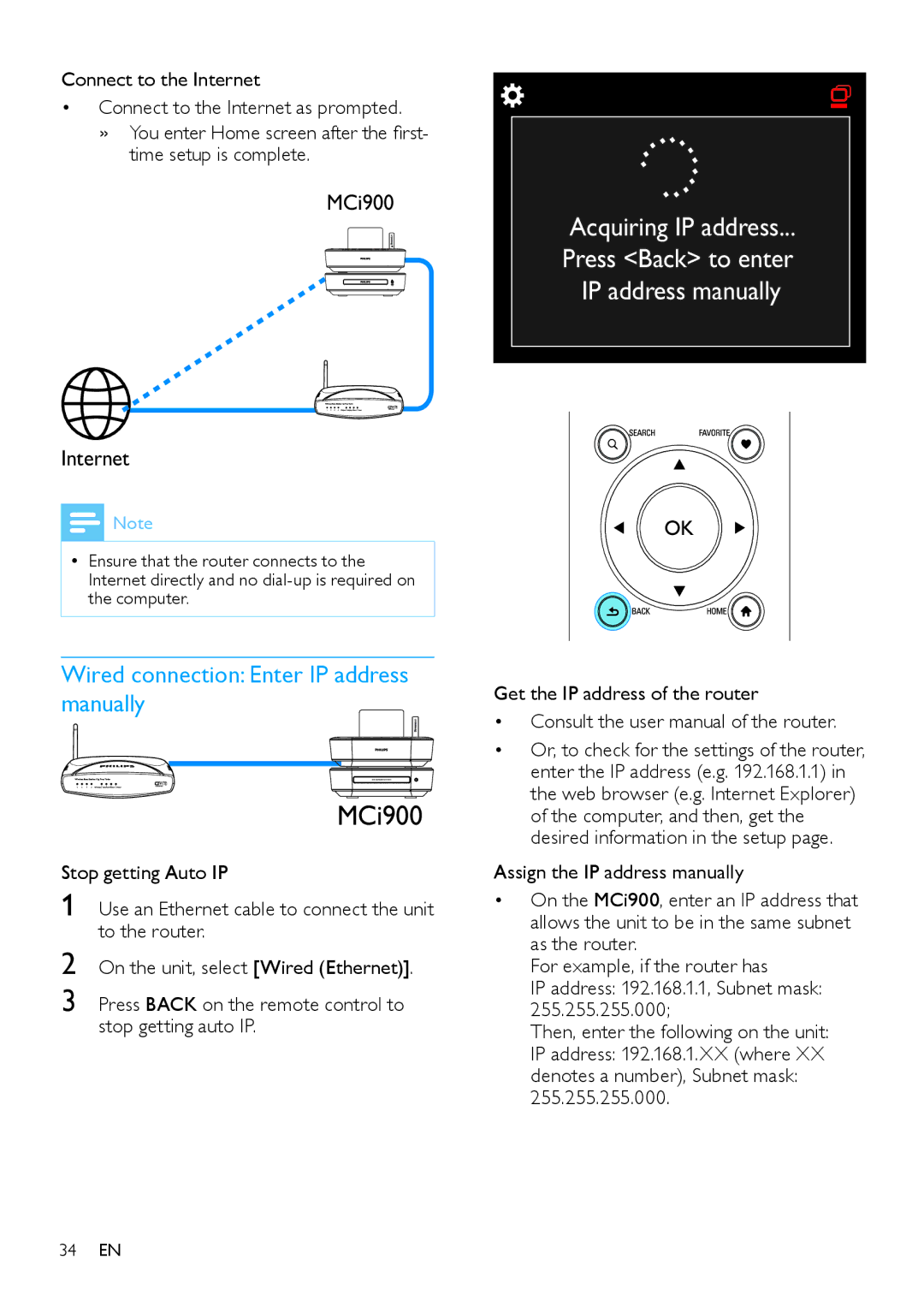 Philips MCi900/12, HK-1008-MCi900 2010 user manual Wired connection Enter IP address manually, MCi900 Internet 