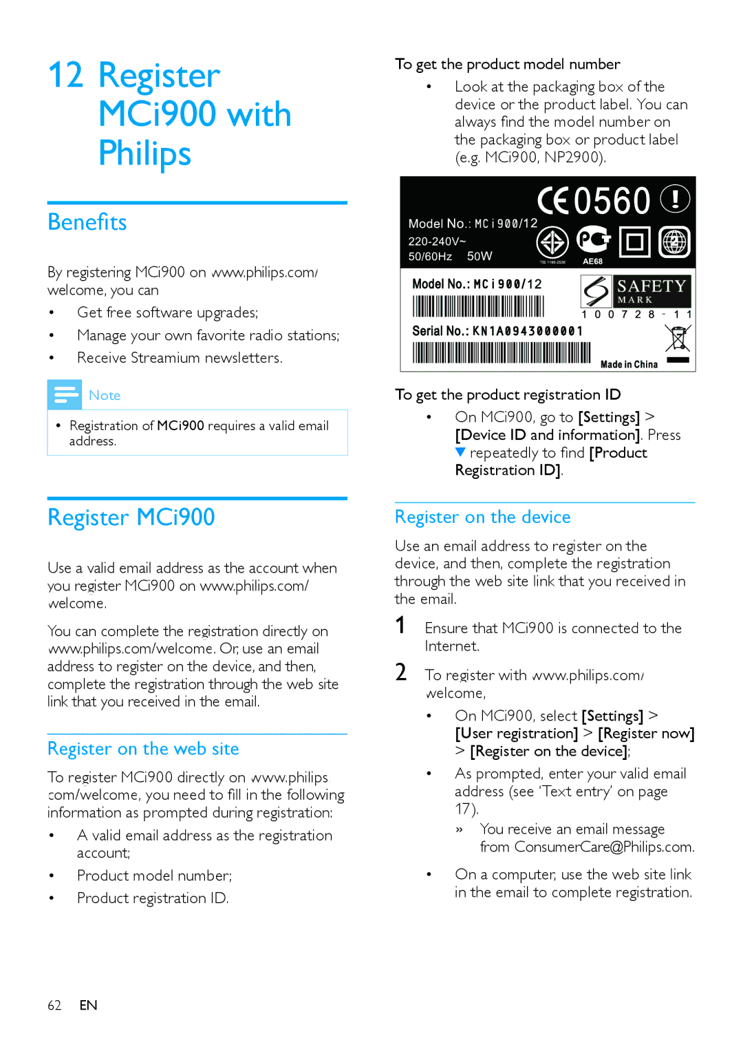 Philips HK-1008-MCi900 2010 Register MCi900 with Philips, Benefits, Register on the web site, Register on the device 