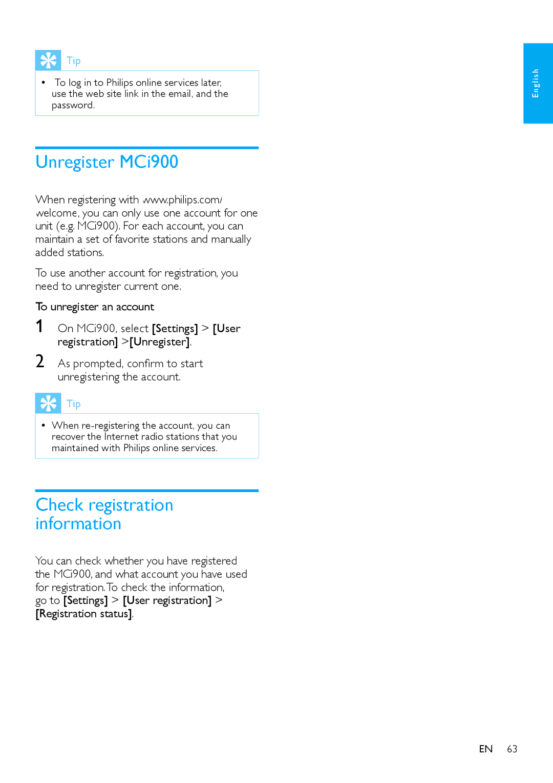 Philips MCi900/12, HK-1008-MCi900 2010 user manual Unregister MCi900, Check registration information 