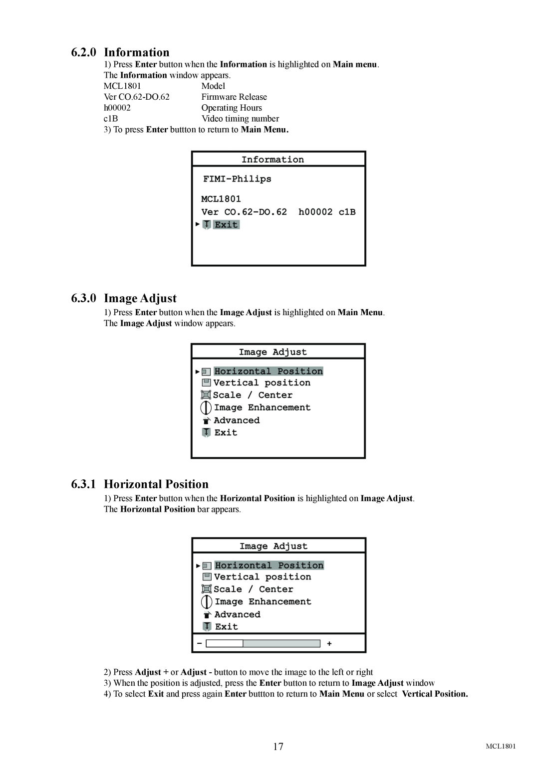 Philips user manual 6.2.0Information, 6.3.0Image Adjust, 6.3.1Horizontal Position, Information FIMI-Philips MCL1801 