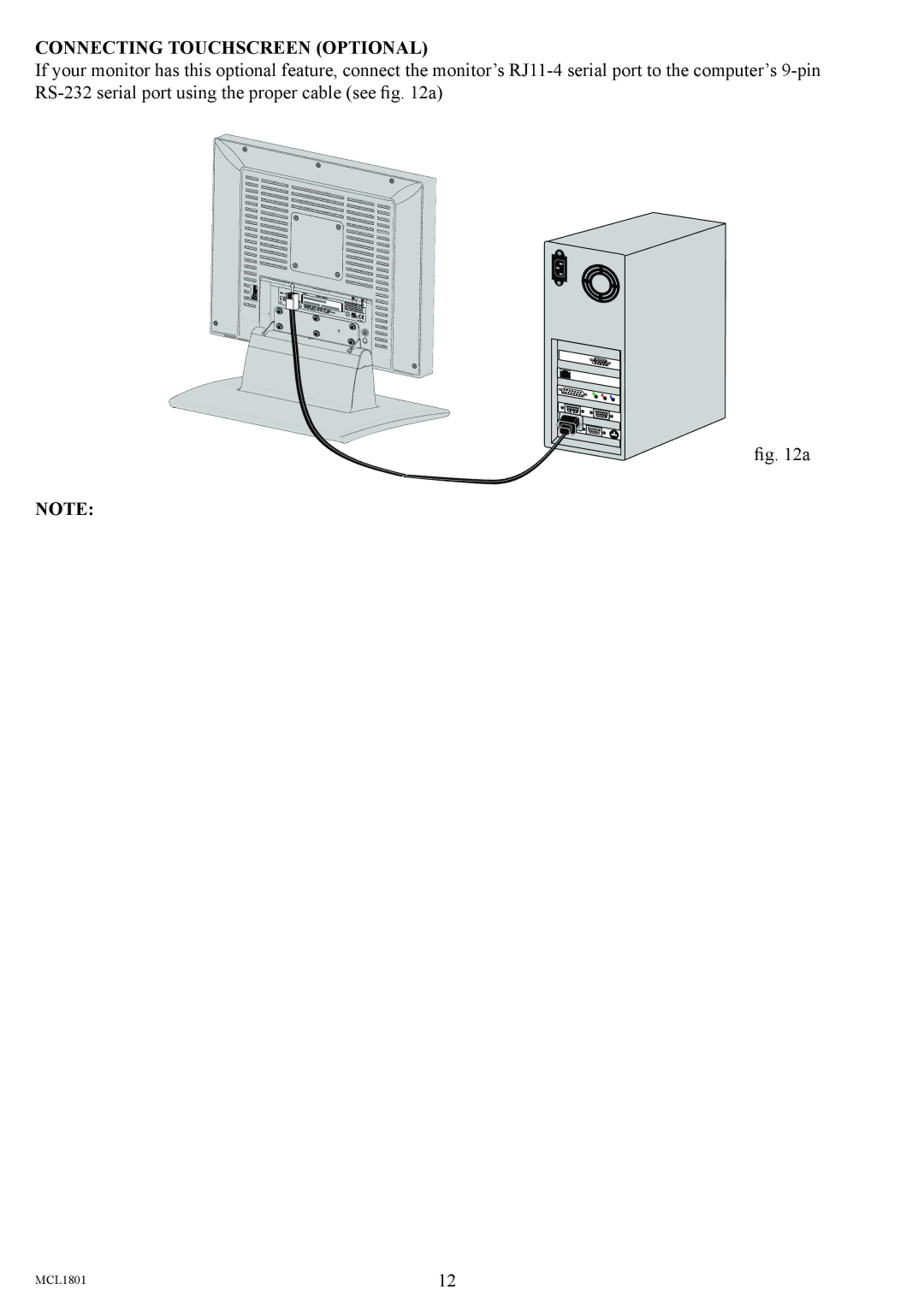 Philips MCL1801 user manual Connecting Touchscreen Optional 