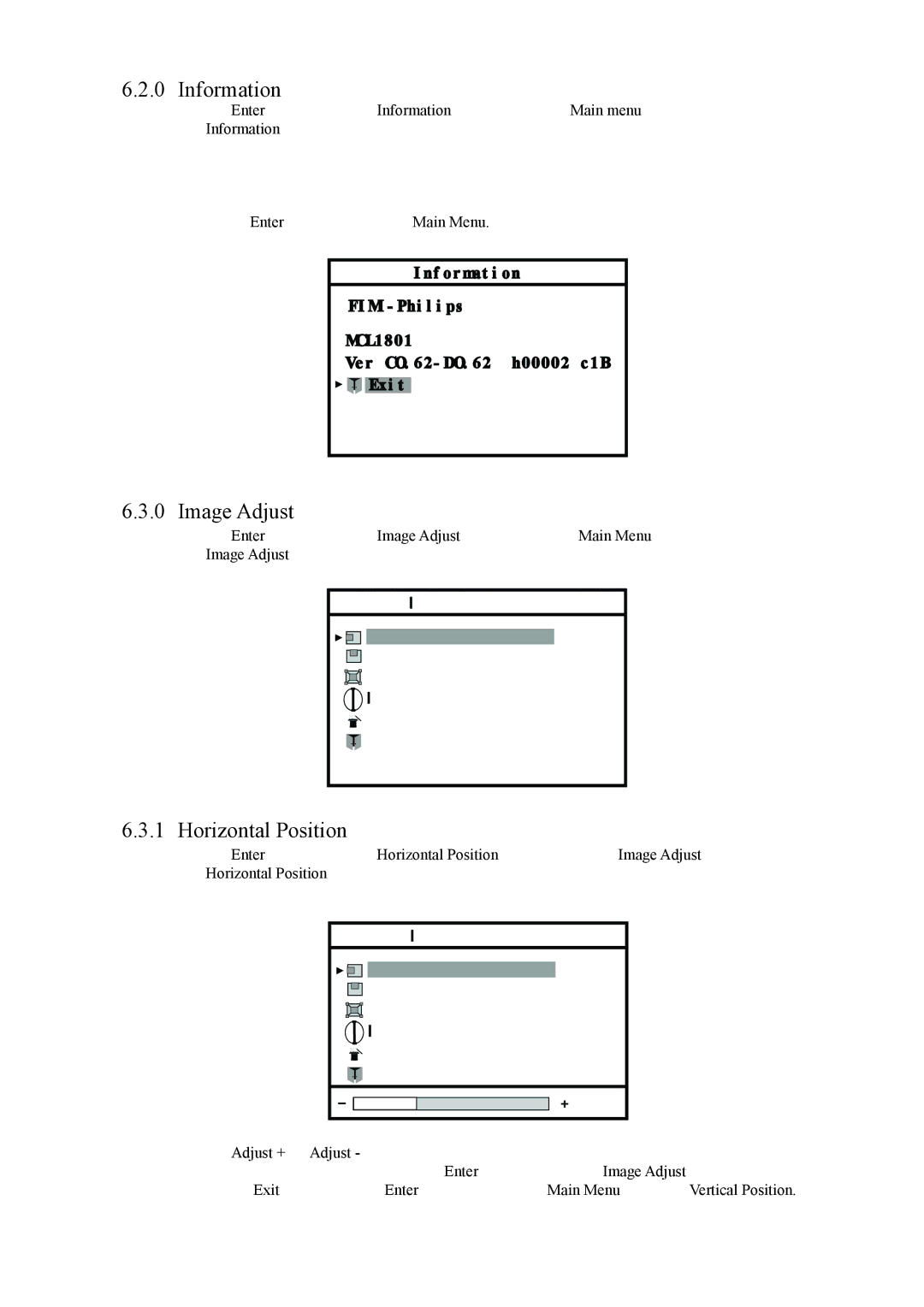 Philips MCL1801 user manual Information, Image Adjust, Horizontal Position 