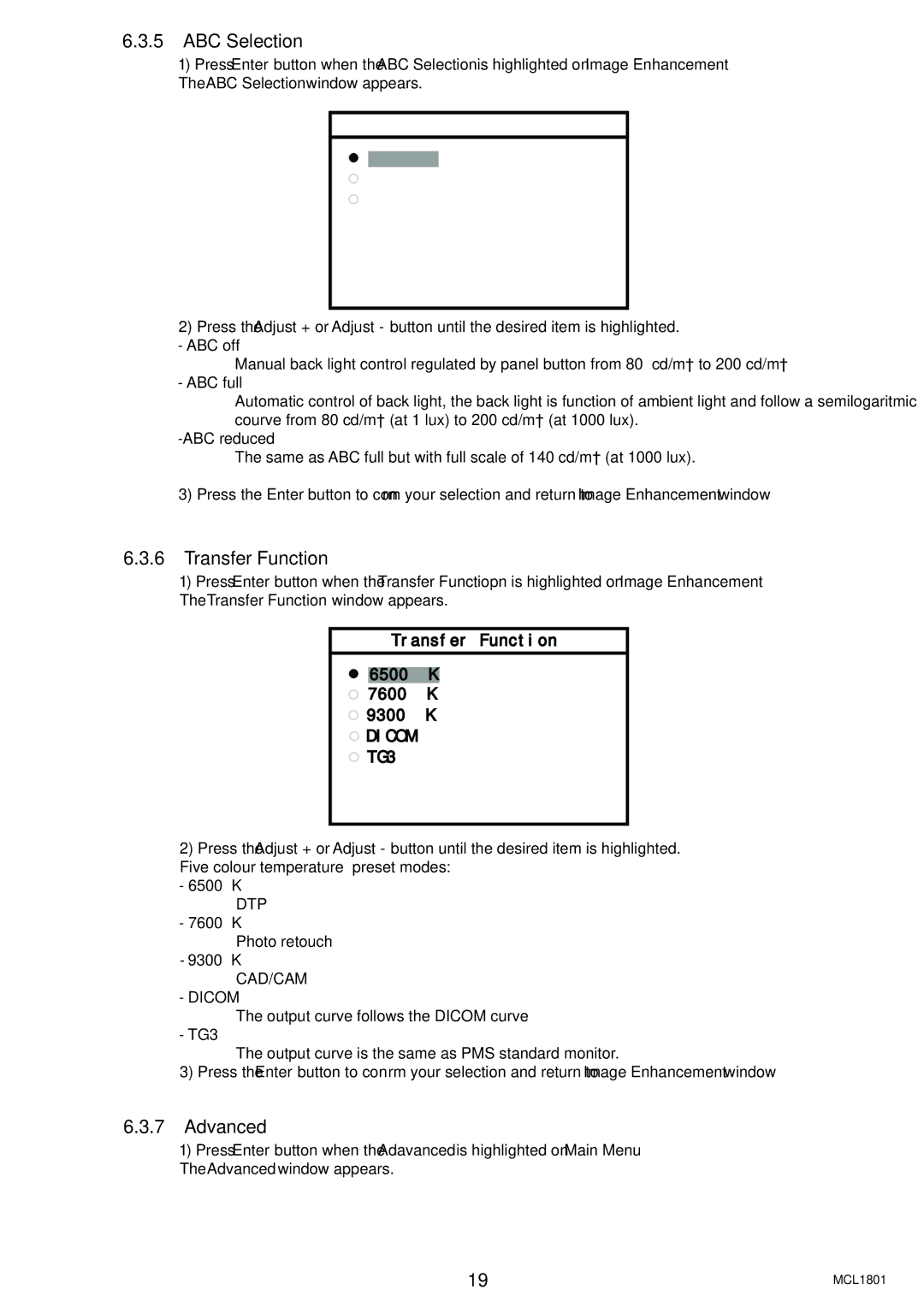 Philips MCL1801 user manual ABC Selection, Advanced, Transfer Function 6500 K 7600 K 9300 K, TG3 