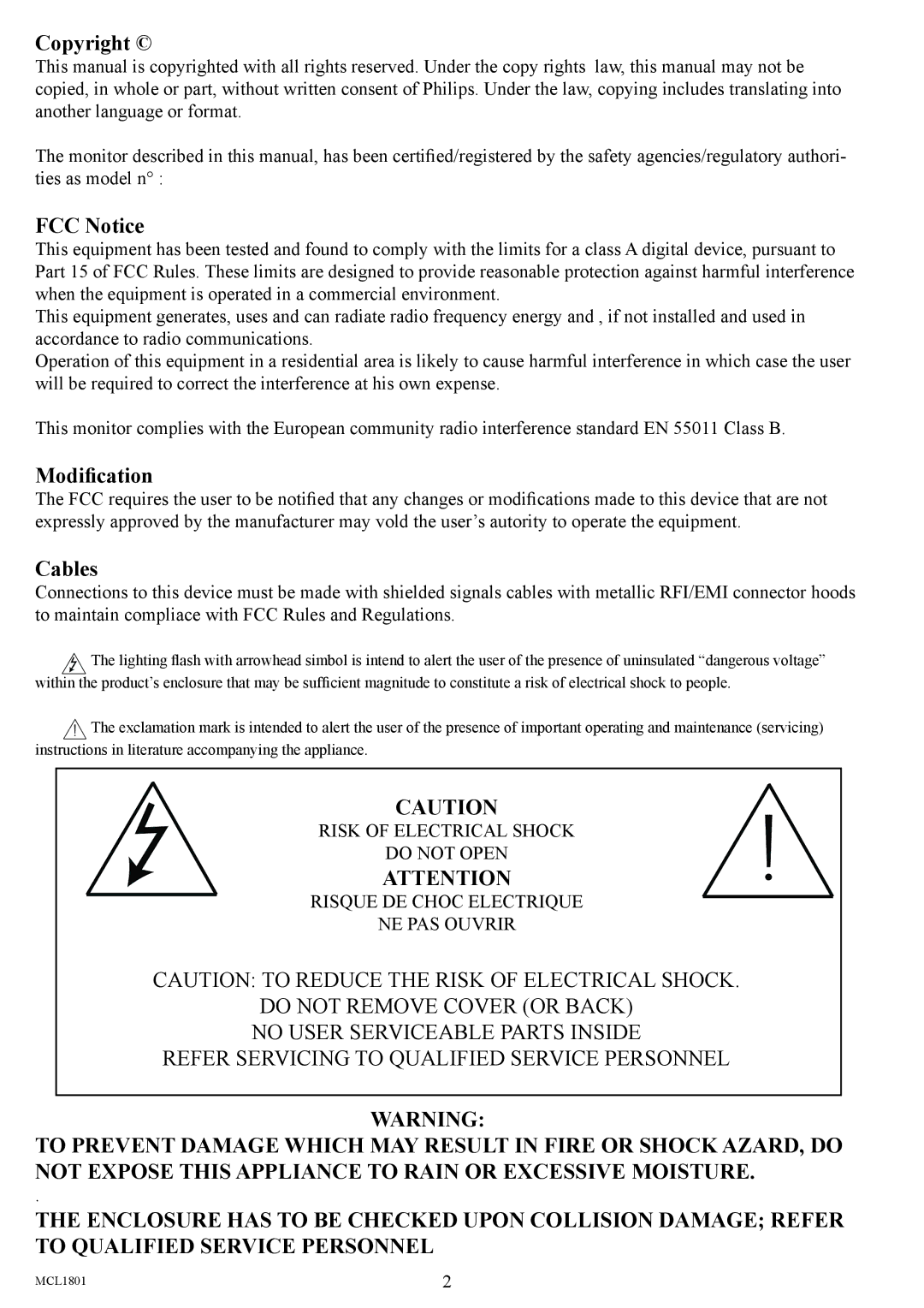 Philips MCL1801 user manual Copyright, FCC Notice, Modiﬁcation, Cables 