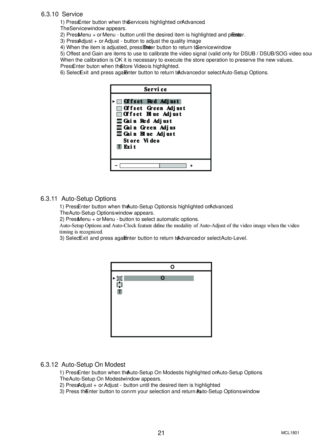 Philips MCL1801 user manual Service, Auto-Setup Options, Auto-Setup On Modest 