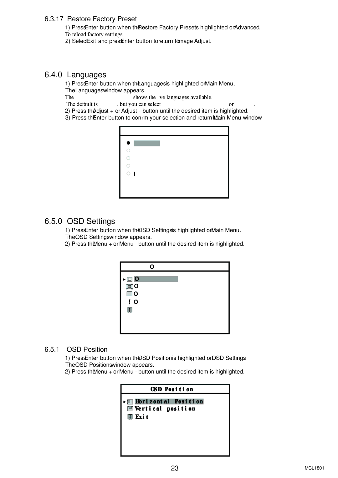 Philips MCL1801 user manual Languages, OSD Settings, Restore Factory Preset, OSD Position 