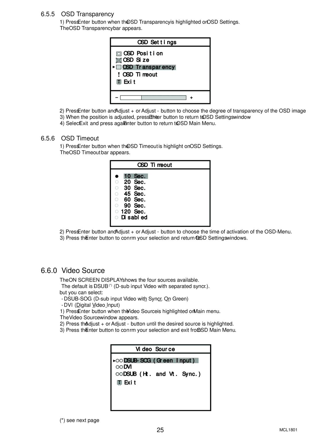 Philips MCL1801 OSD Transparency, OSD Timeout, Video Source DSUB-SOG Green Input, Dsub Ht. and Vt. Sync Exit 