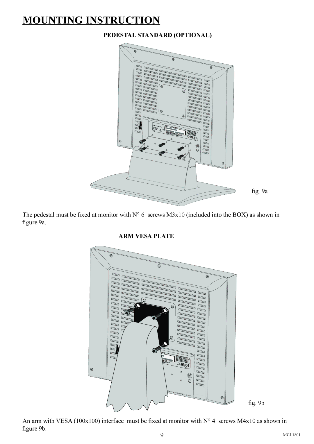 Philips MCL1801 user manual Mounting Instruction, Pedestal Standard Optional, ARM Vesa Plate 