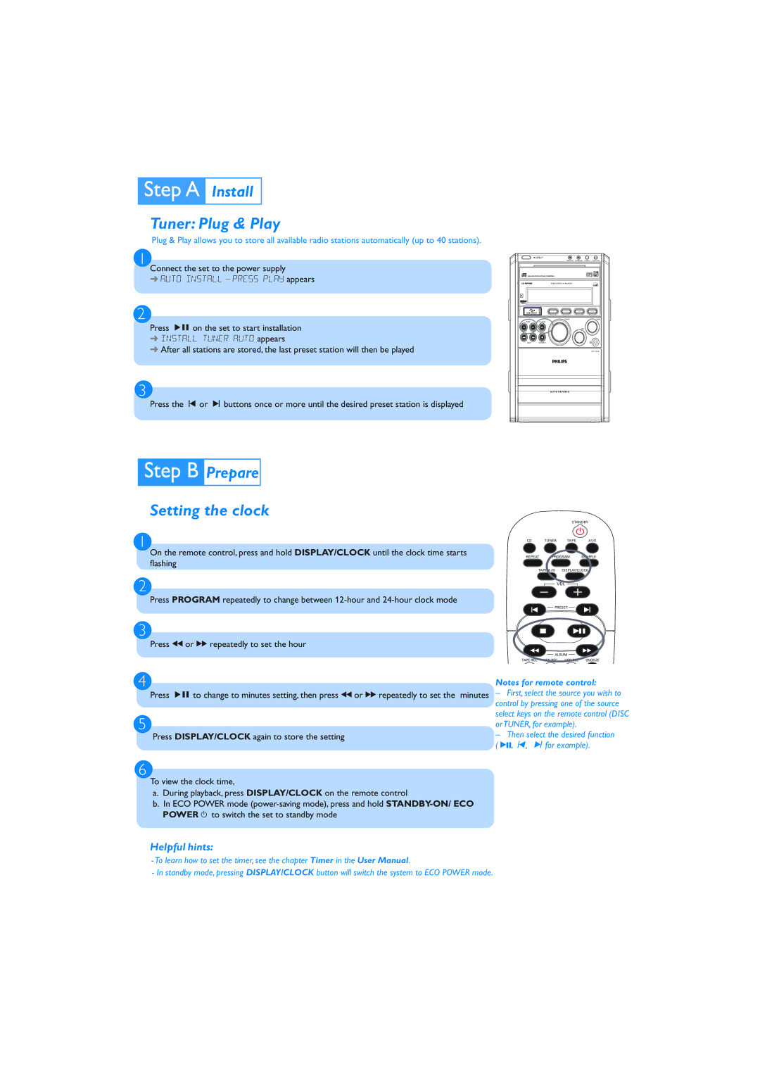 Philips MCM 760 quick start Install Tuner Plug & Play, Prepare Setting the clock 