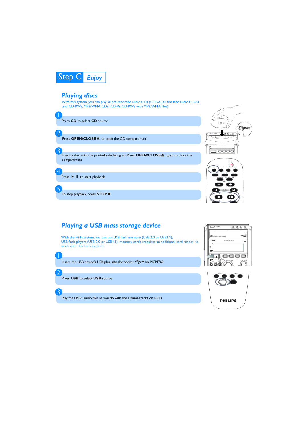 Philips MCM 760 quick start Enjoy Playing discs, Playing a USB mass storage device 