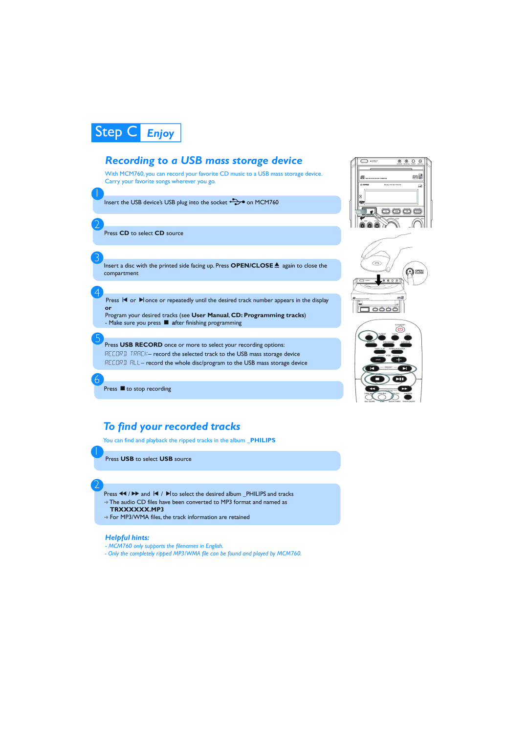 Philips MCM 760 quick start Enjoy Recording to a USB mass storage device, To find your recorded tracks 