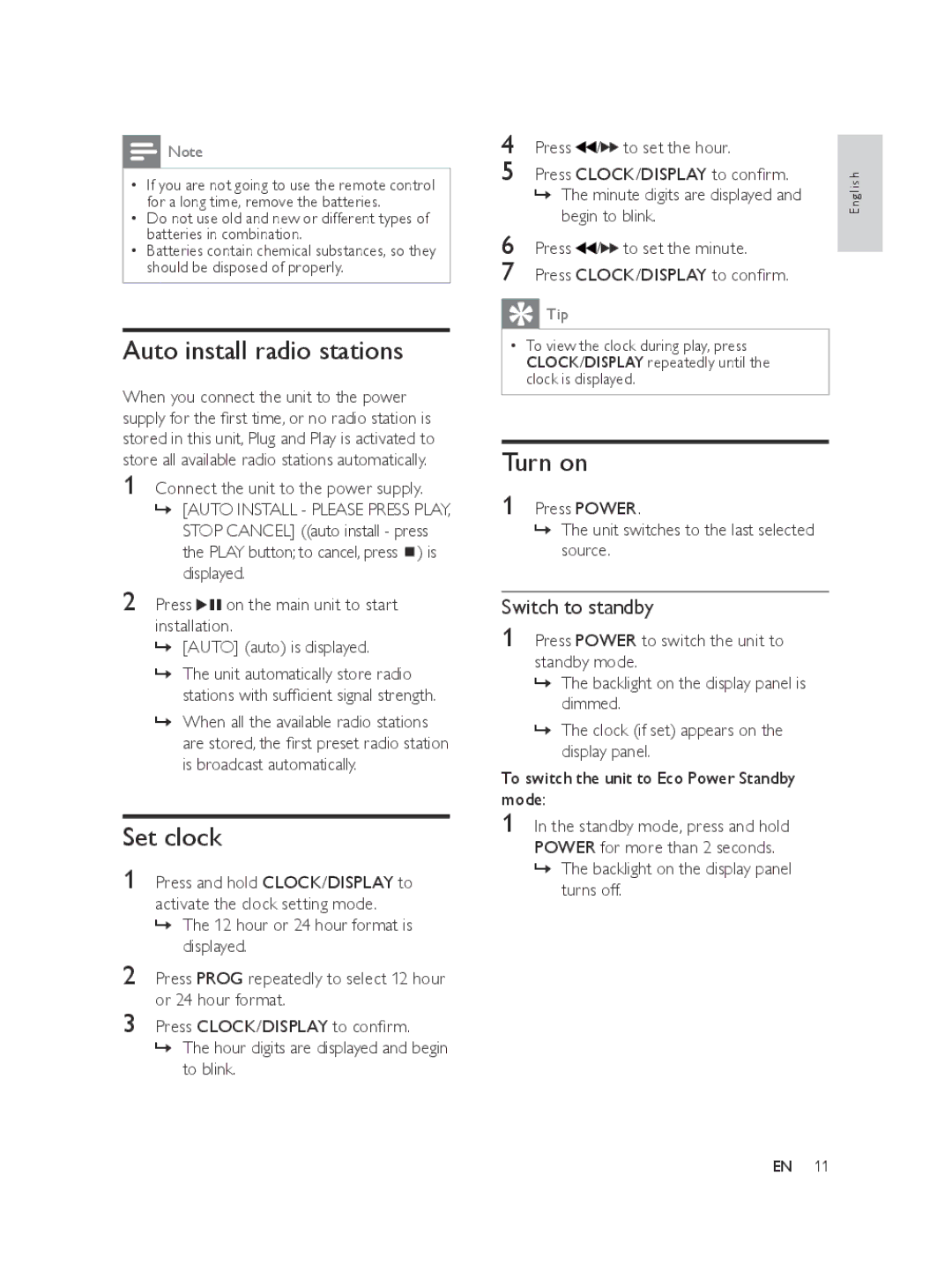 Philips MCM103 user manual Auto install radio stations, Set clock, Turn on, Begin to blink, Press To set the minute 