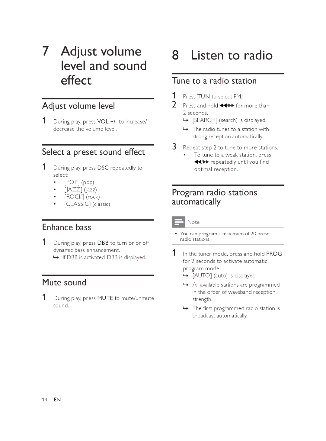 Philips MCM103 user manual Adjust volume level and sound effect, Listen to radio 