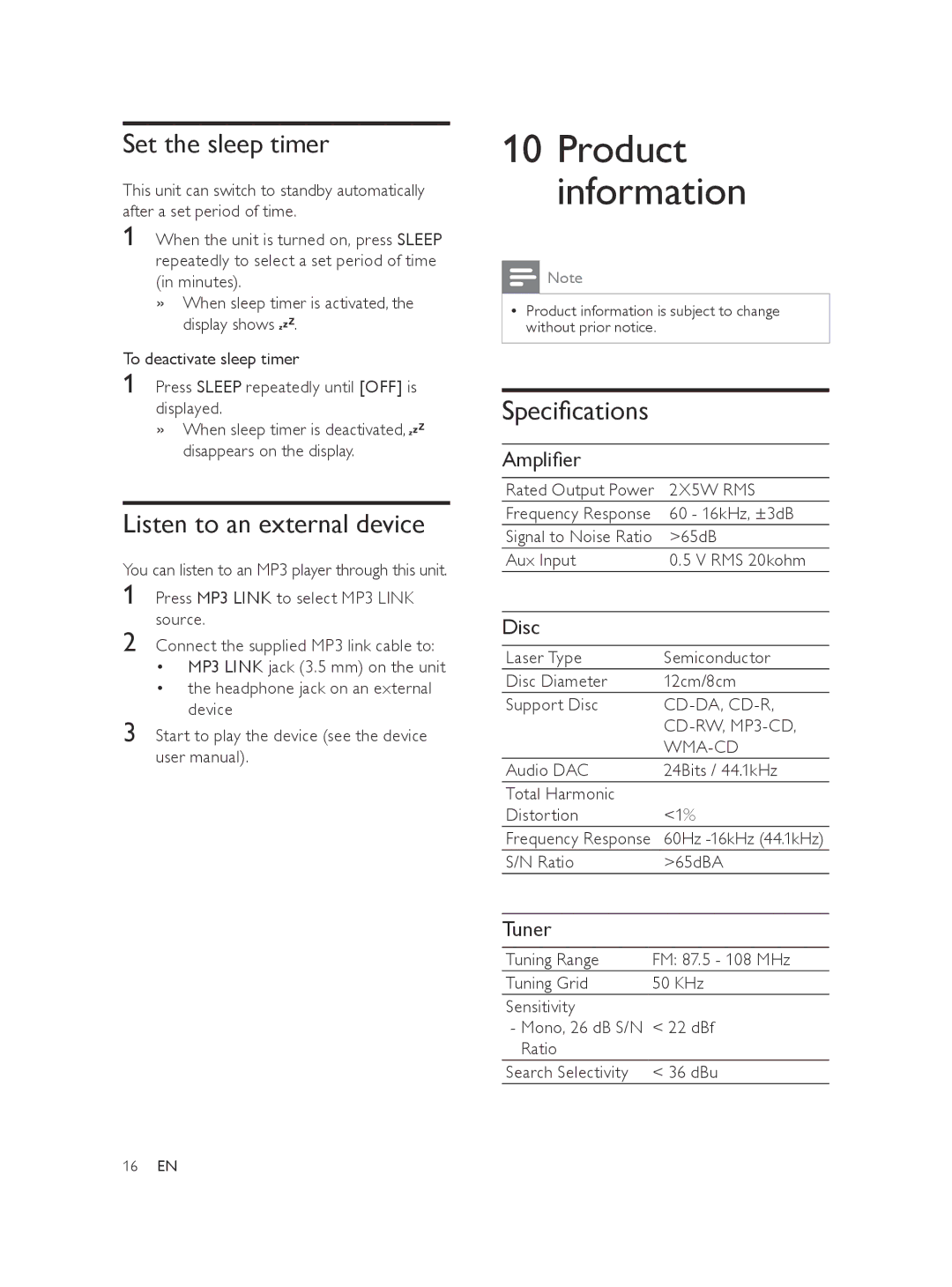 Philips MCM103 user manual Product information, Set the sleep timer, Listen to an external device, Specifications 