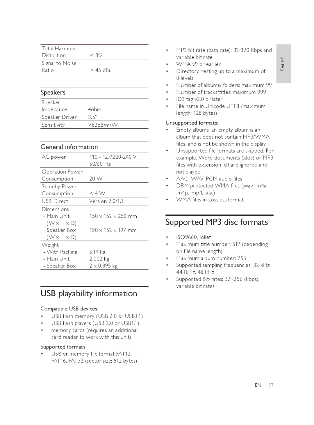 Philips MCM103 user manual USB playability information, Supported MP3 disc formats, Speakers, General information 