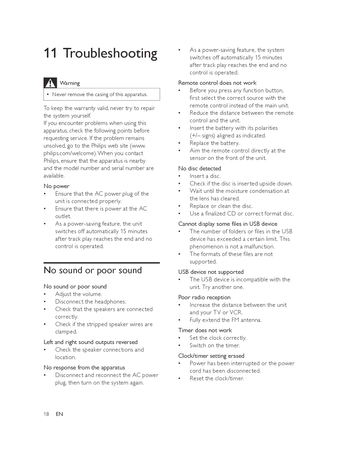 Philips MCM103 user manual Troubleshooting, No sound or poor sound 