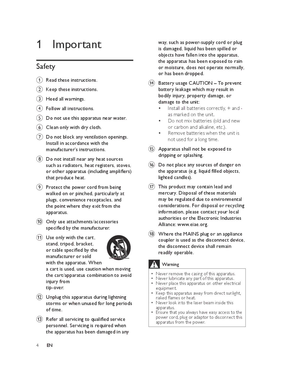 Philips MCM103 user manual Safety, Use only with the cart 