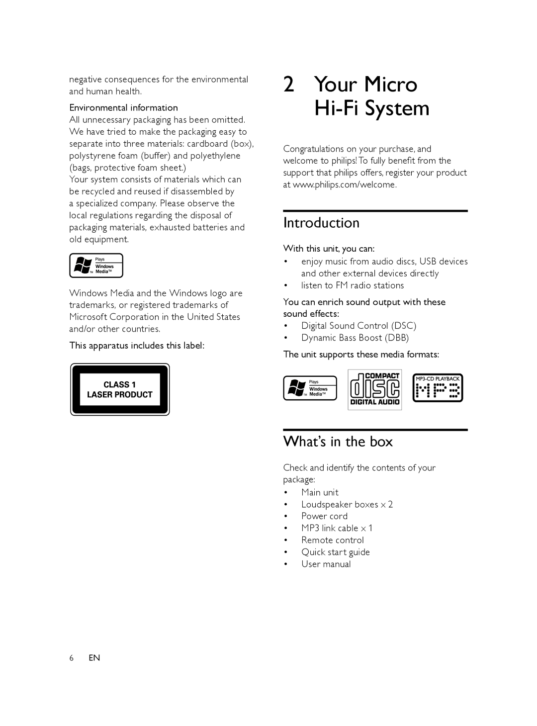 Philips MCM103 user manual Introduction, What’s in the box, This apparatus includes this label, With this unit, you can 