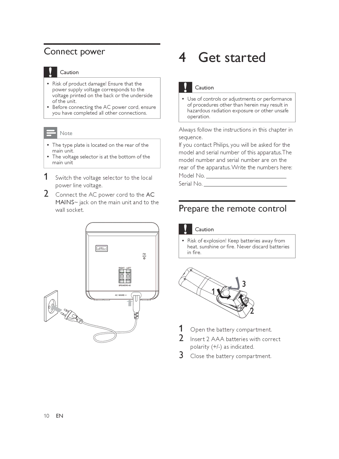 Philips MCM103 user manual Get started, Connect power, Prepare the remote control, Serial No 