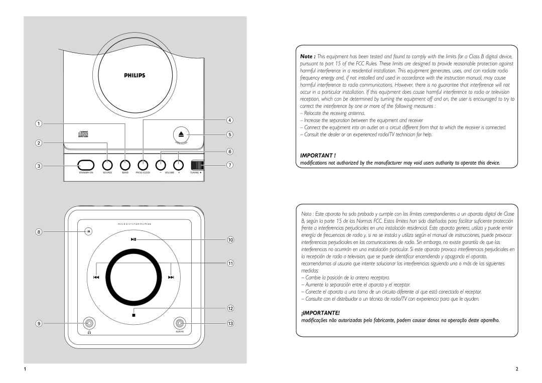 Philips MCM108B, MCM108C owner manual ¡Importante 