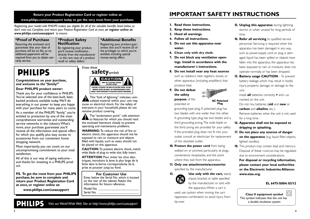 Philips MCM108C For Customer Use, Returning the enclosed card, Registering your product guar, Class II equipment symbol 