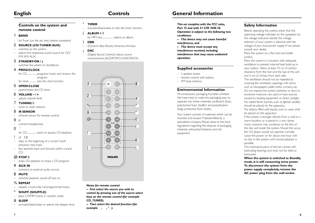 Philips MCM108B English Controls General Information, Controls on the system and remote control, Supplied accessories 